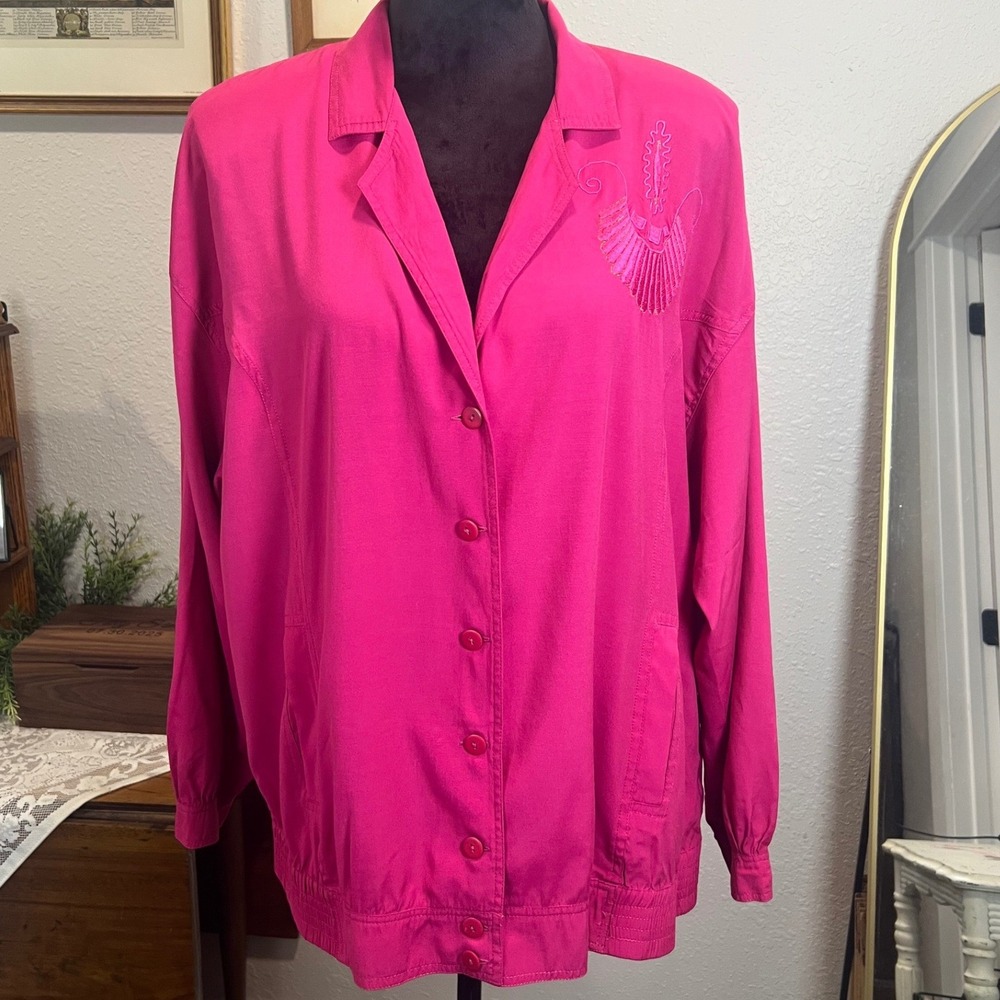 Vintage 80s 90s Hot Pink Embroidered Oversized Jacket Blazer Artsy Retro XL